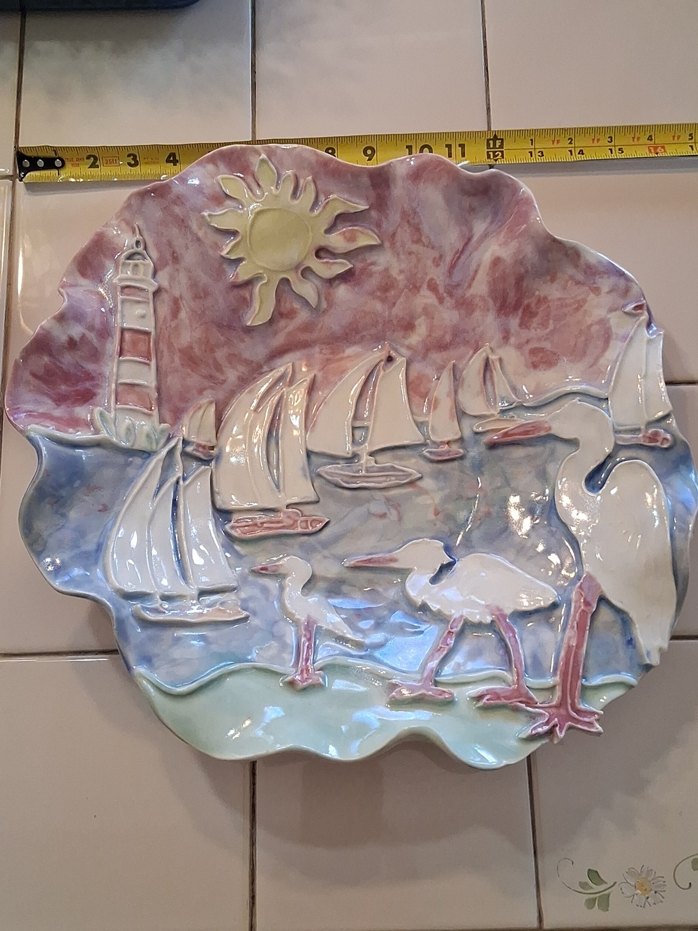 Unique 3D Handcrafted Coastal Ceramic Center Bowl Art W/Pastel Sea Life Theme. - Picture 10 of 15
